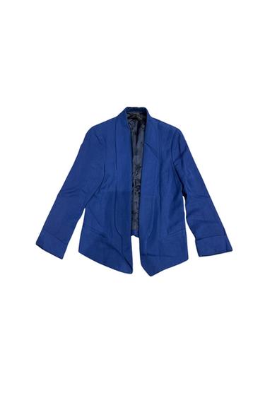 Front view of a blue jacket with wide lapels and side pockets.