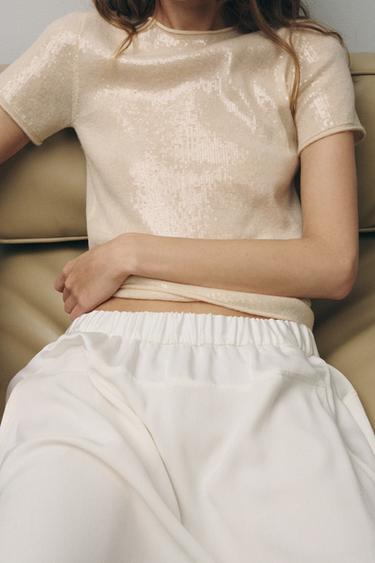 Zara SEQUIN KNIT TOP - Vanilla