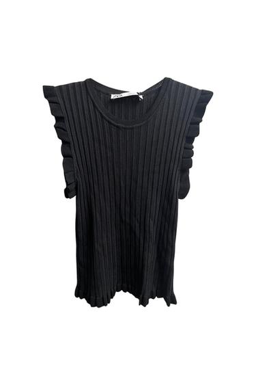 Front view of black blouse with ruffled sleeves and ribbed design.