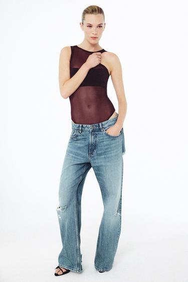 Zara COMBINATION TULLE BODYSUIT - Dark burgundy