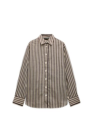 Front view of a vertically striped shirt with white buttons and a classic collar.