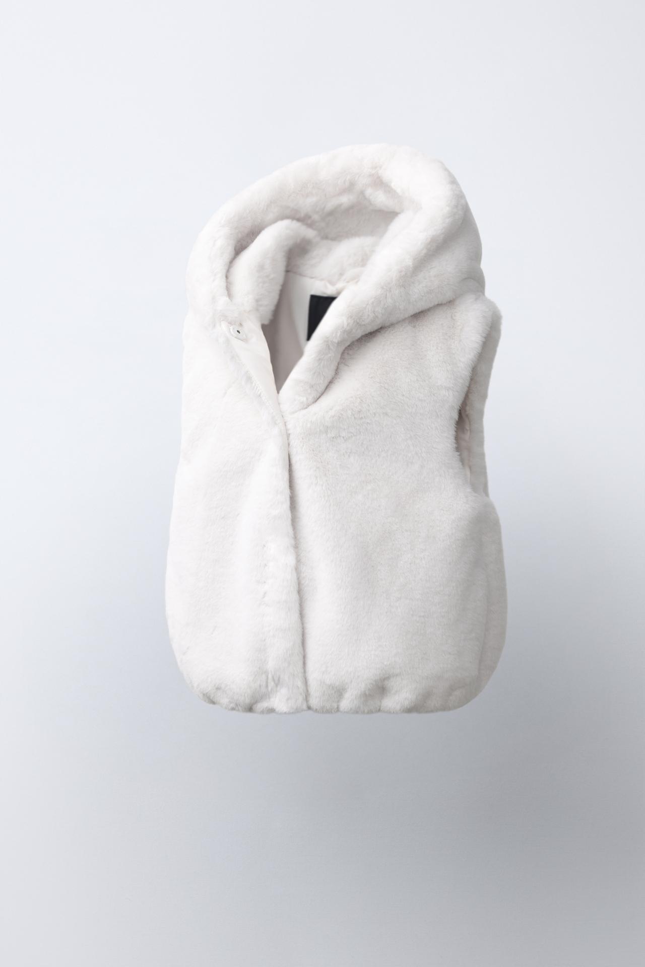 FAUX-FUR HOODIE VEST — Oyster-white