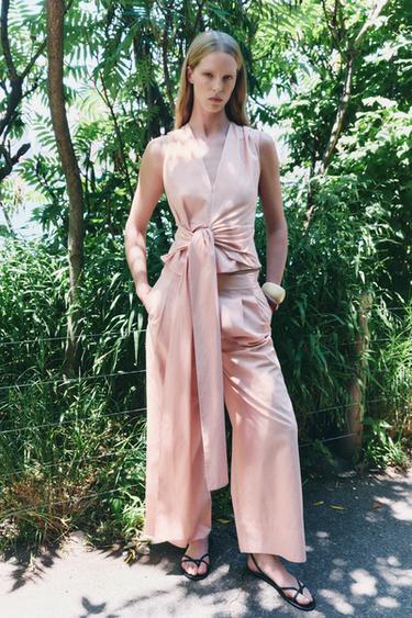 TOP EN POPELINE AVEC NŒUDS ZW COLLECTION - Rose pastel de Zara