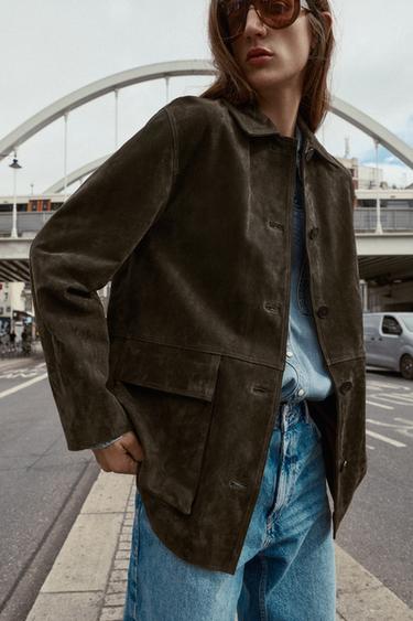 100% SUEDE LEATHER JACKET - Dark khaki by Zara