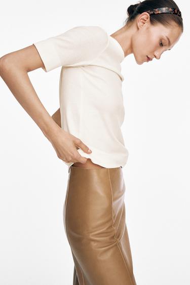 T-shirt en coton mélangé - Écru de Zara
