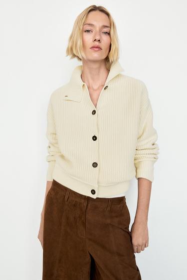 Cardigan en maille à col roulé 100 % coton - Écru de Zara - Image 0