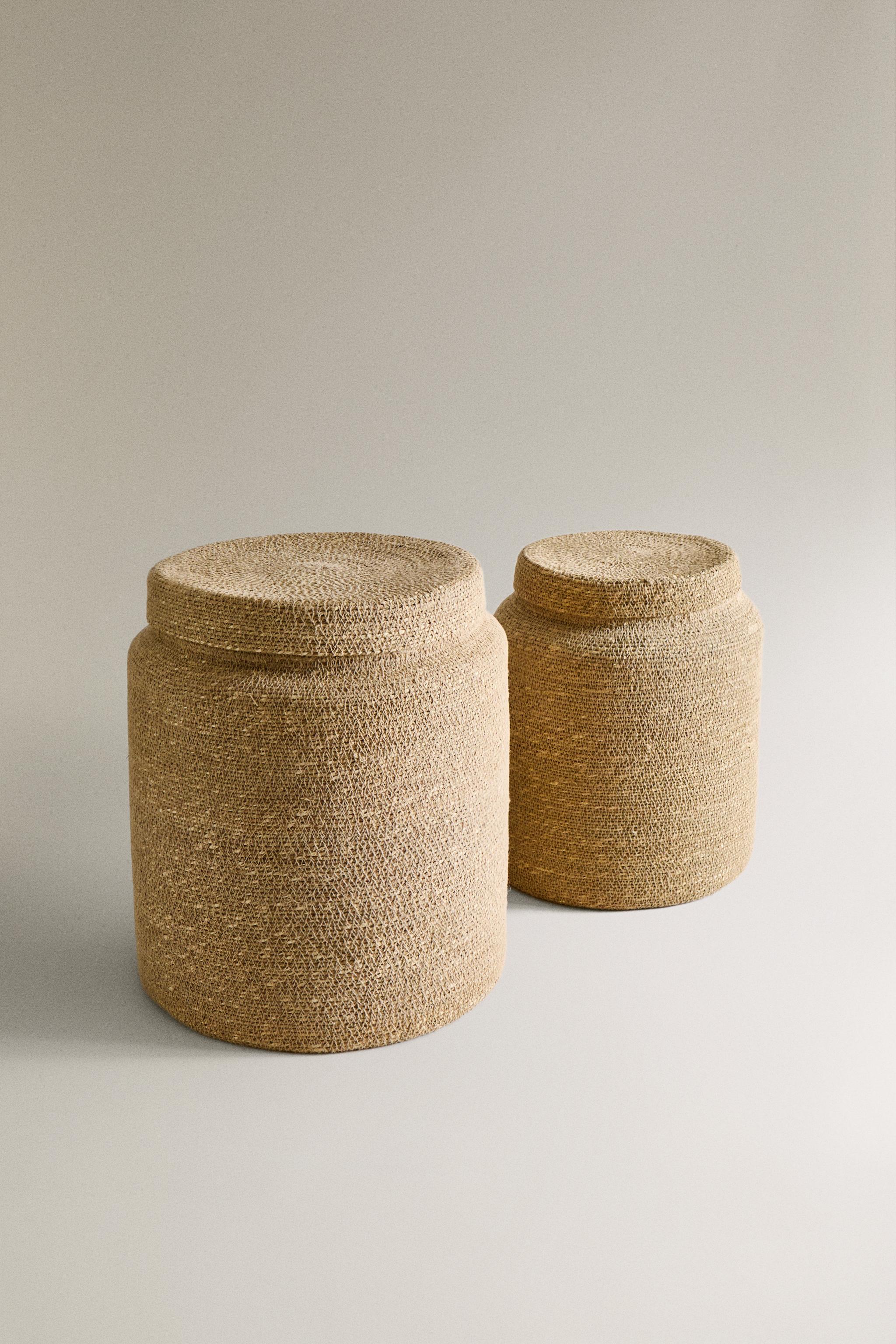 SEAGRASS BASKET WITH LID — Light beige