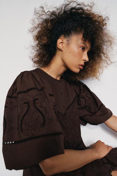 ROBE COURTE EN POPELINE BRODÉE - Marron de Zara - Image 2
