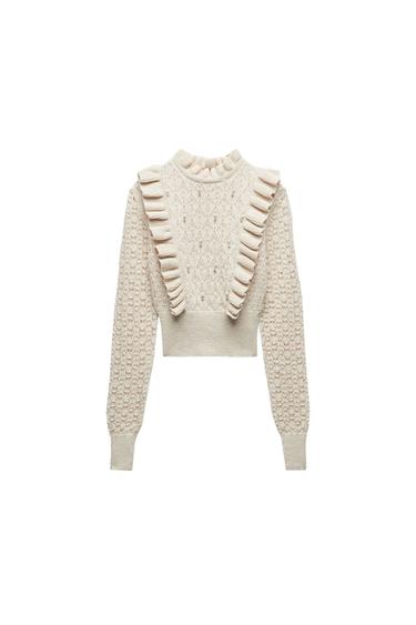 RUFFLED KNIT SWEATER WITH FAUX PEARLS