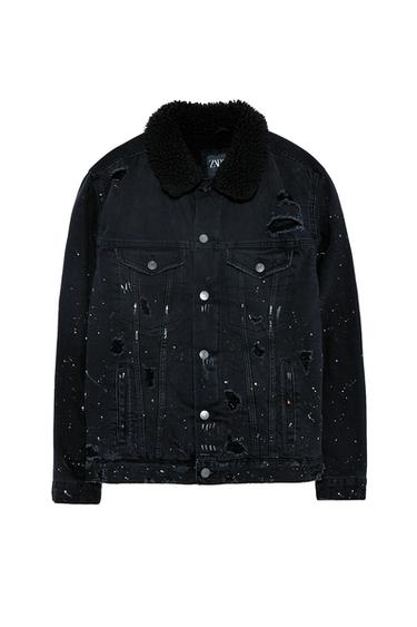 FLEECE TRIM DENIM JACKET WITH PAINT SPLATTER DETAIL