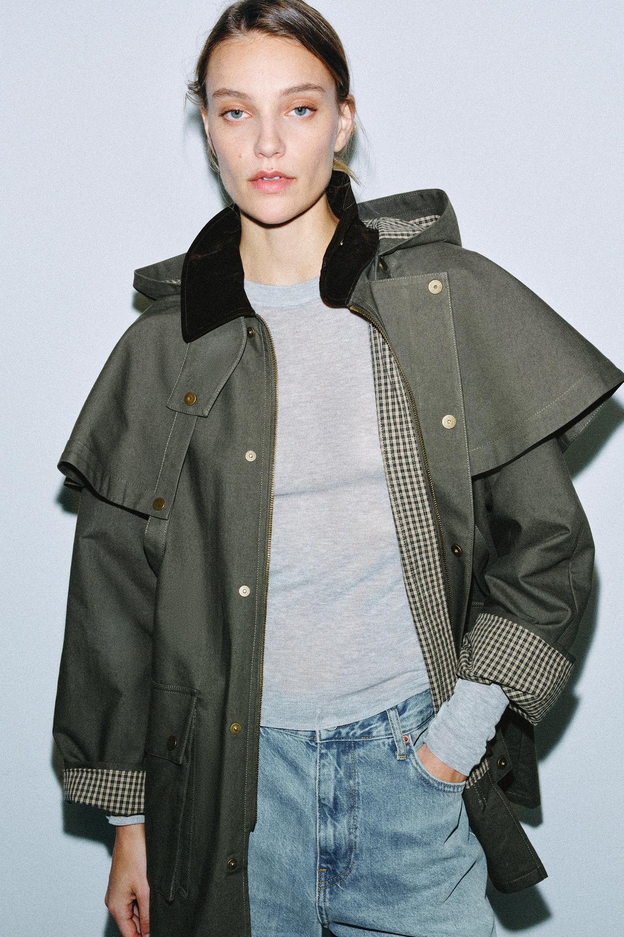 ZW COLLECTION CONTRAST-COLLAR HOODED TRENCH COAT — Gray green