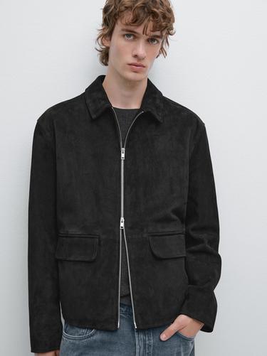 Zara Suede leather zip-up jacket - Black