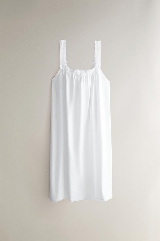 COTTON NIGHTDRESS WITH LACE TRIM - أبيض الخاص بـ Zara - صورة 0