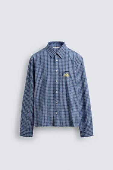 Zara PLAID EMBROIDERED CROPPED SHIRT - Blue