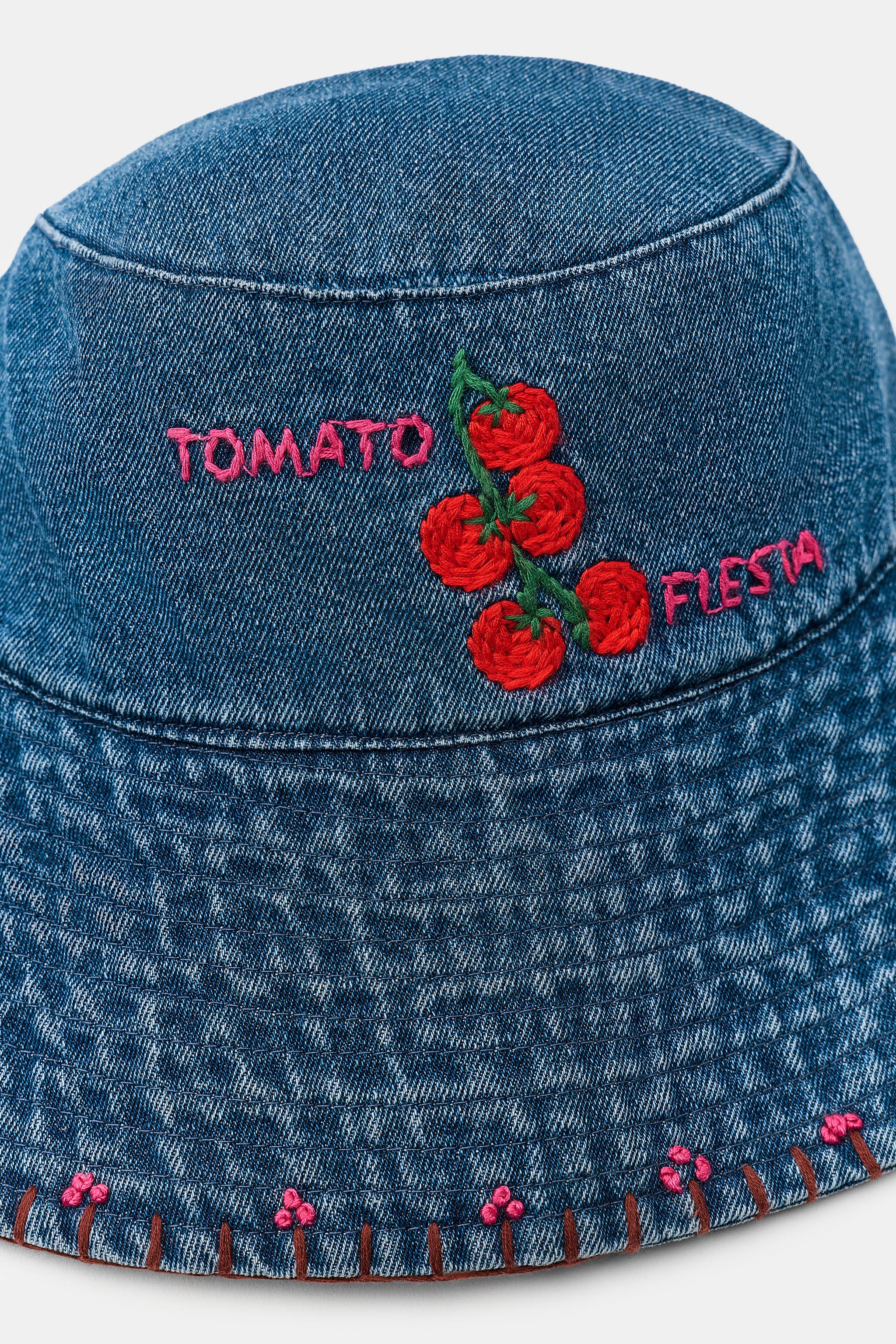 TOMATO EMBROIDERED DENIM BUCKET HAT