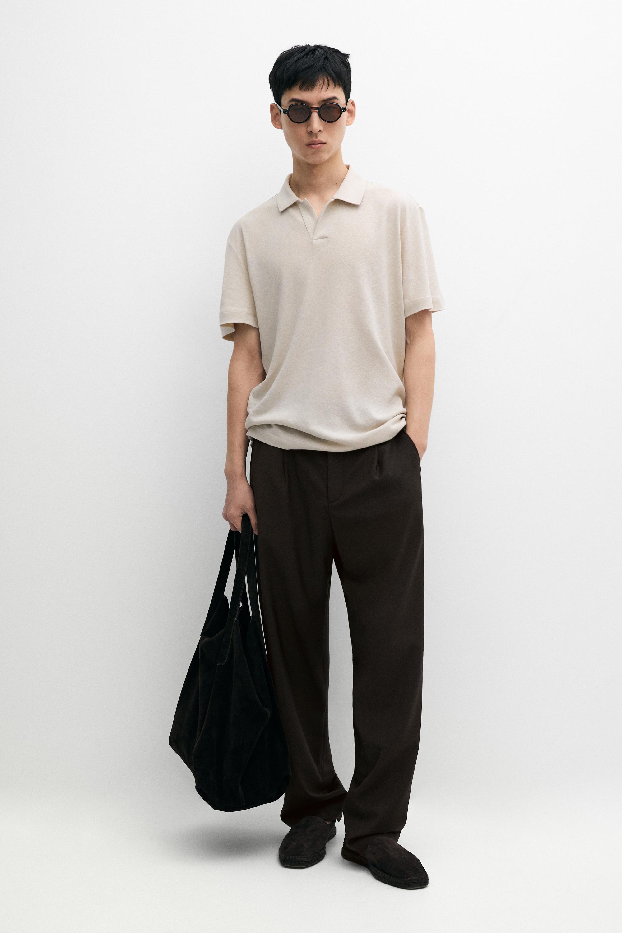 Short sleeve linen cotton polo shirt — Brown
