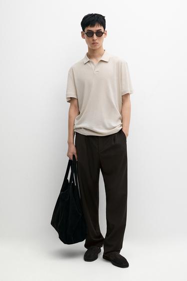 Zara Short sleeve linen cotton polo shirt - Brown - Image 0