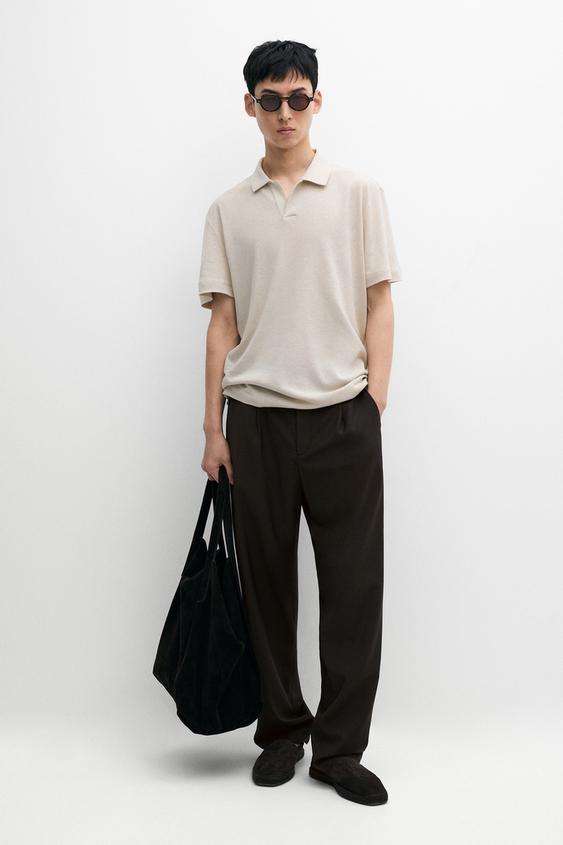 Zara Short sleeve linen cotton polo shirt - Brown - Image 0