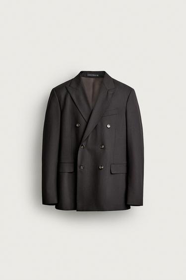 Zara STRIPED DOUBLE-BREASTED SUIT BLAZER - Dark brown