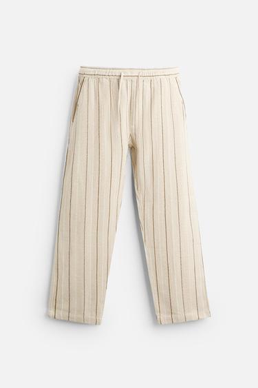 CALÇA COM TEXTURA LISTRADA - Bege-claro da Zara