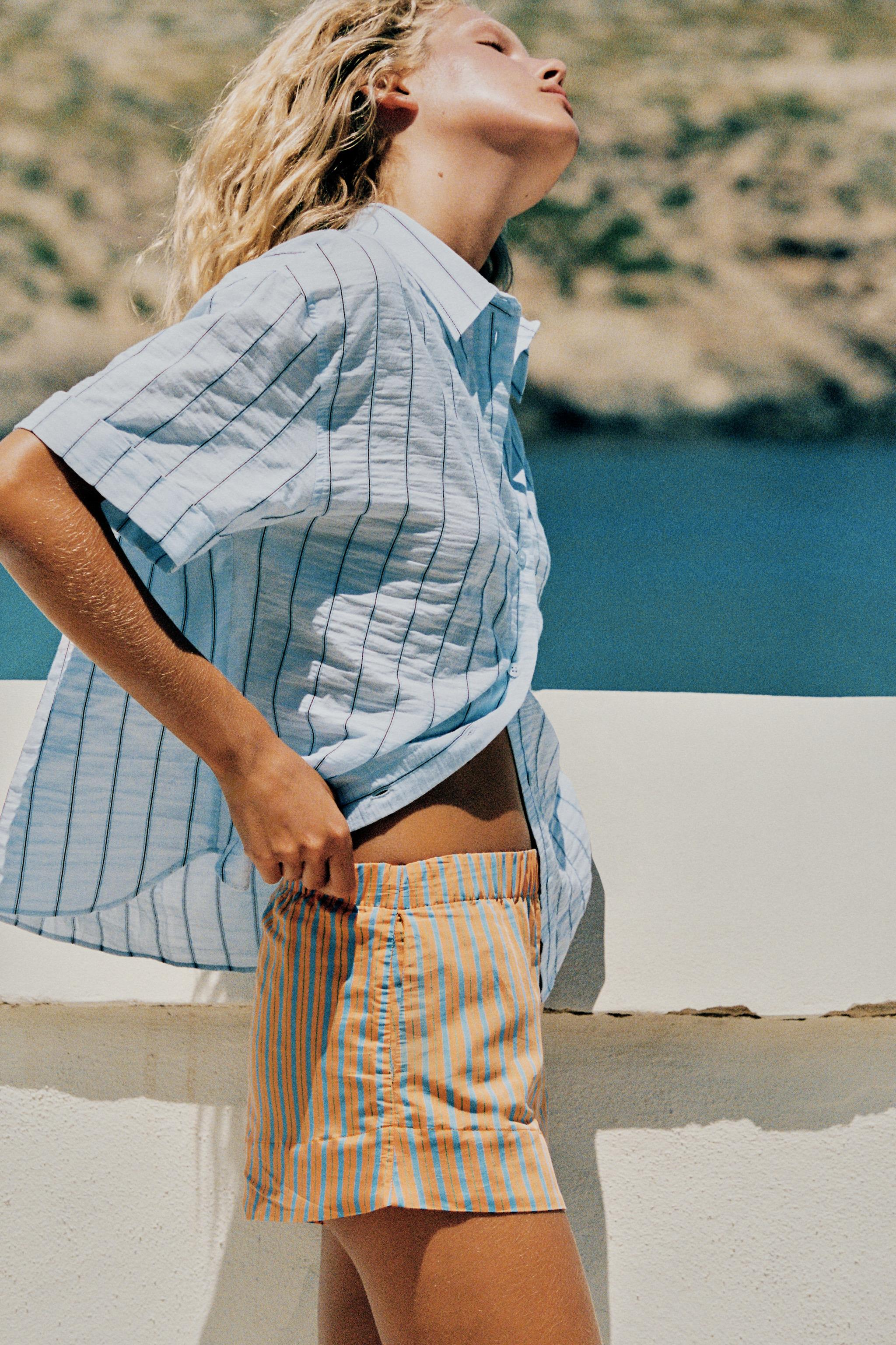 STRIPED POPLIN SHORTS — Orange