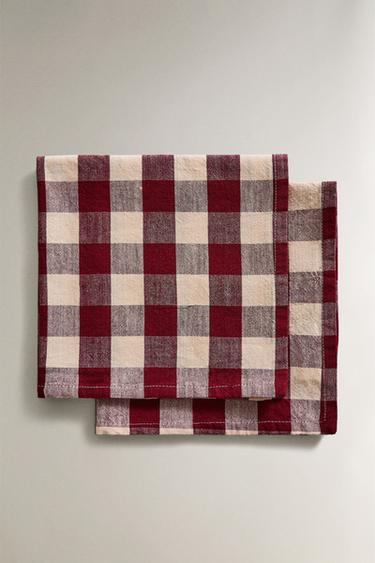PACK OF LARGE CHECK NAPKINS (PACK OF 2) - Burgundy by Zara