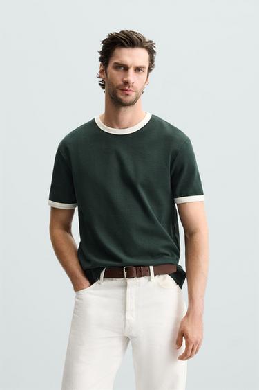 BASIC CONTRAST RIB T-SHIRT - Dark green by Zara