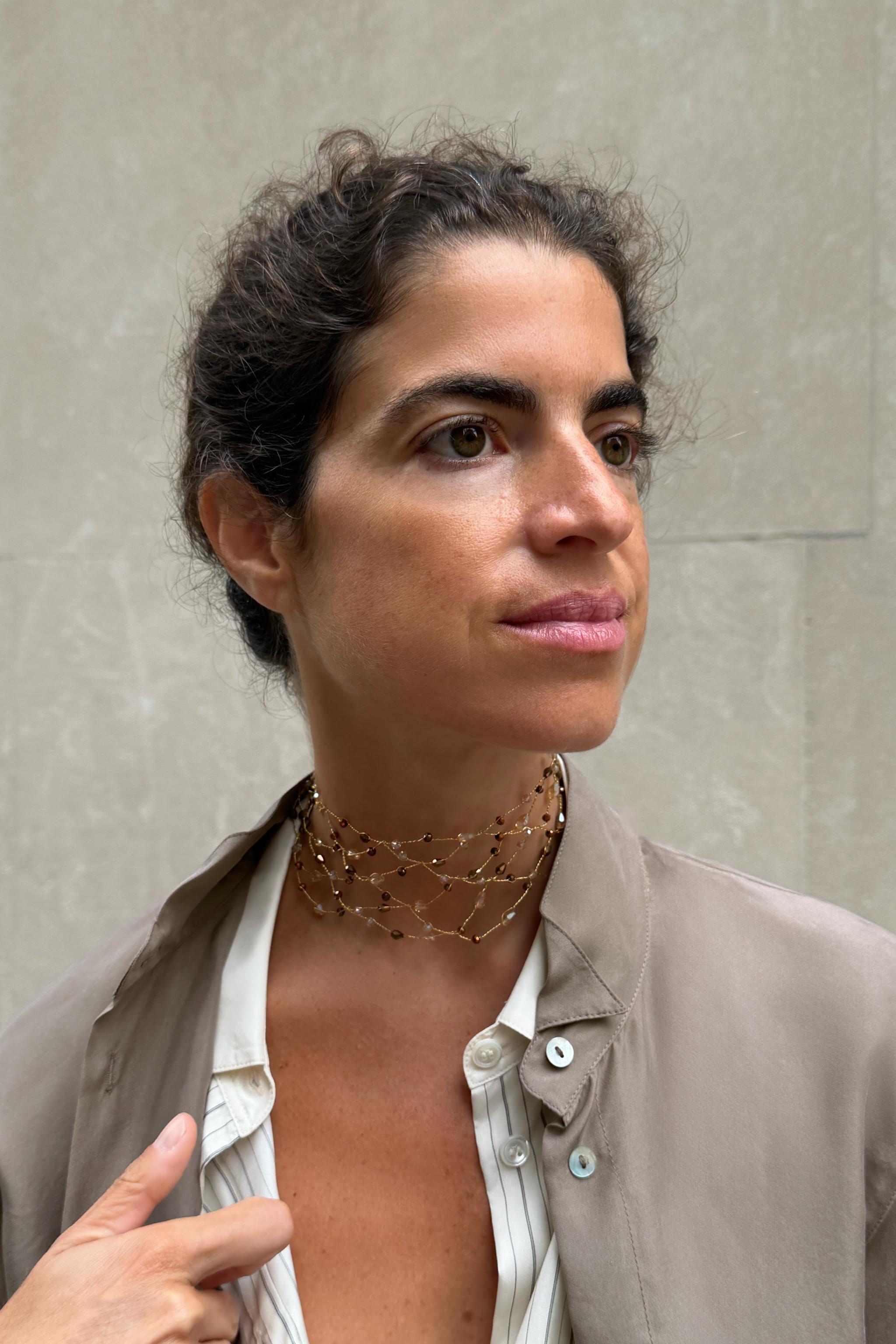 METALLIC THREAD STONE CHOKER NECKLACE — Golden