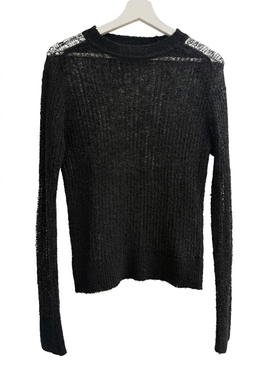 Fine-knit black jumper with lace details on the shoulders, hanging on a white hanger against a white background.