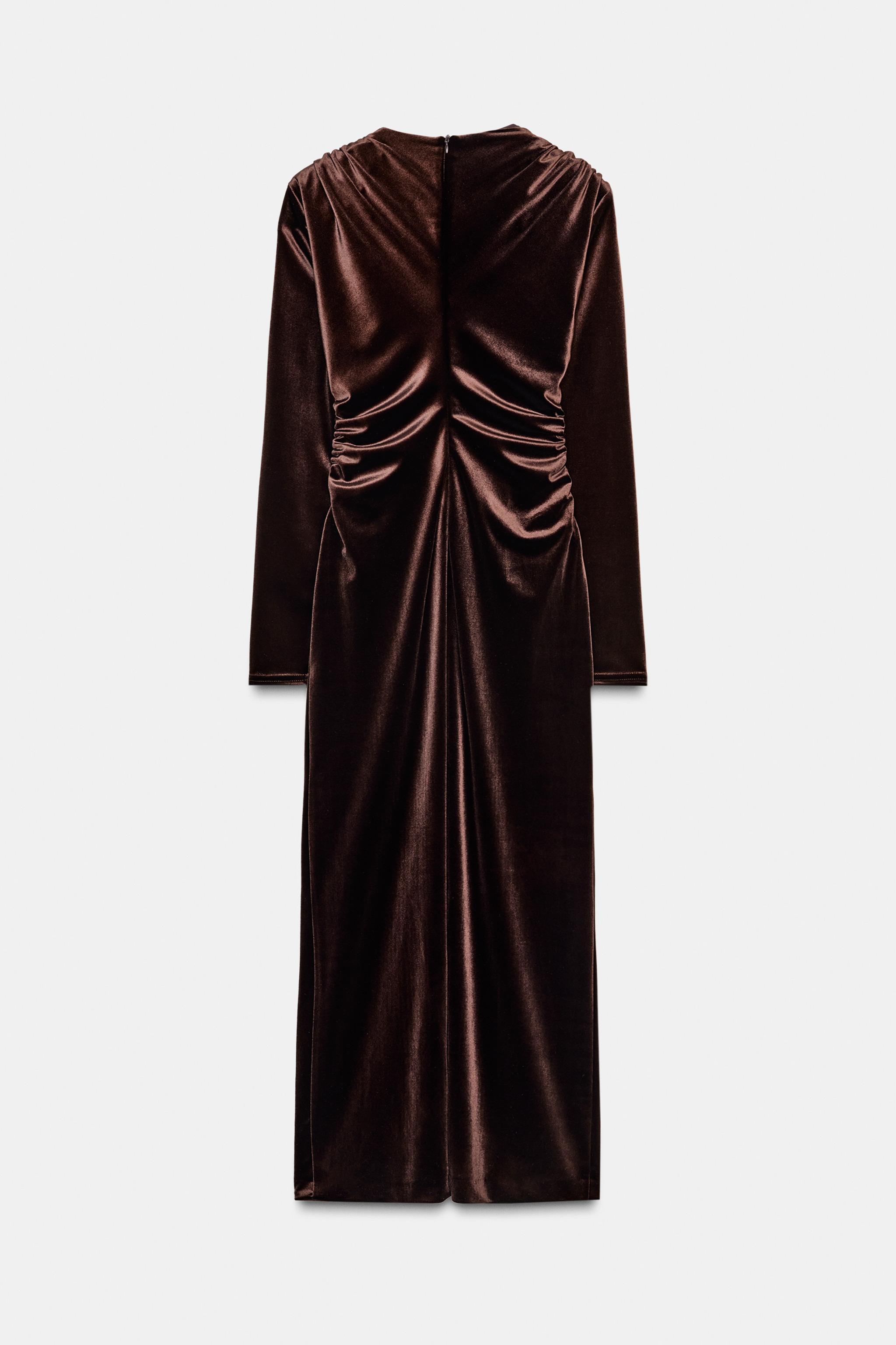 Zara - Draped Velvet Midi Dress - Dark Brown - M - Woman Zara - Draped Velvet Midi Dress - Dark Brown - M - Woman