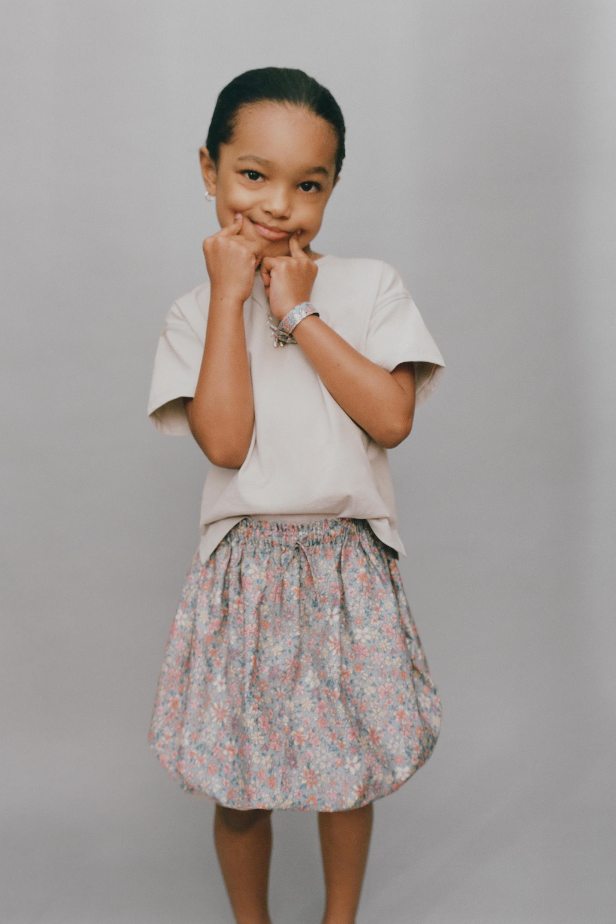 POPLIN FLORAL BALLOON SKIRT — Blue