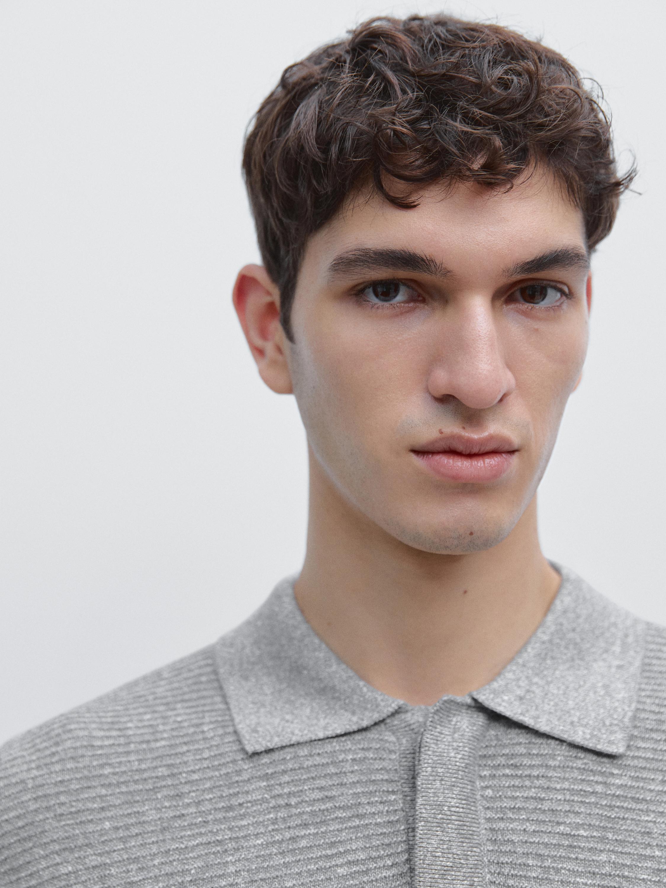 Linen and cotton blend knit polo shirt with short sleeves