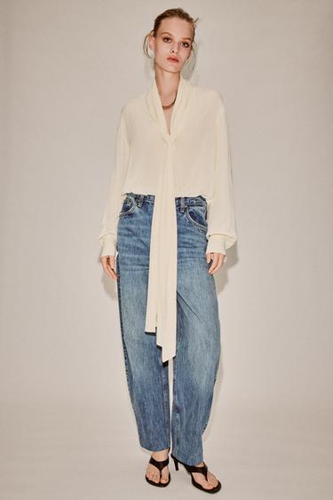 SEMI-SHEER SHIRT WITH TIE - Mid-ecru by Zara