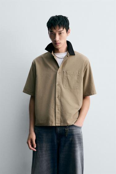 RELAXED FIT SHIRT WITH CONTRAST COLLAR - Beige by Zara