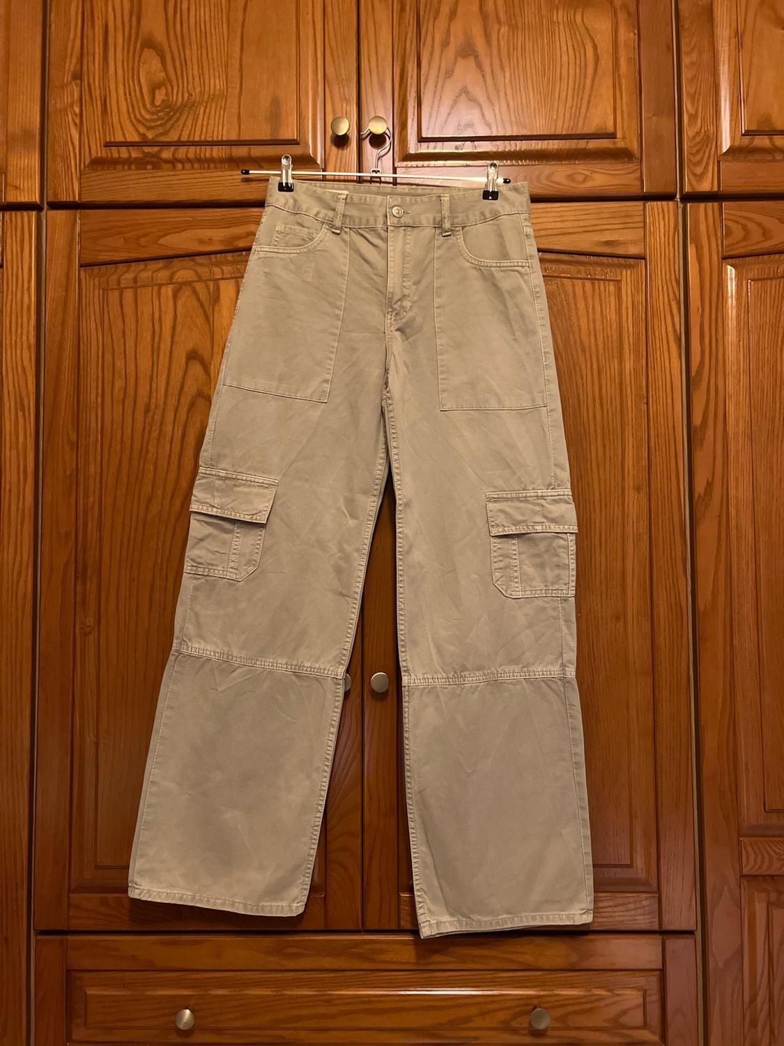Beige cargo trousers hanging on a coat hanger in front of a wooden wardrobe. Their front and side flap pockets stand out.