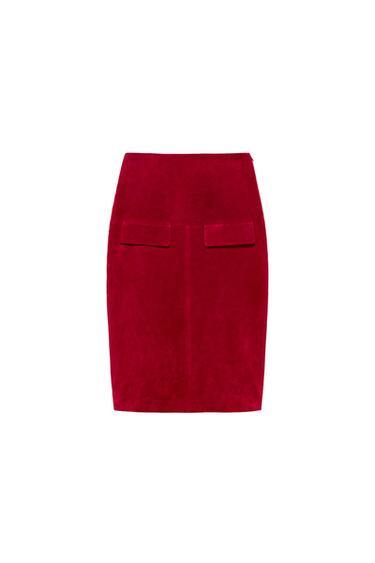 Zara 100% LEATHER MIDI SKIRT - Bright red