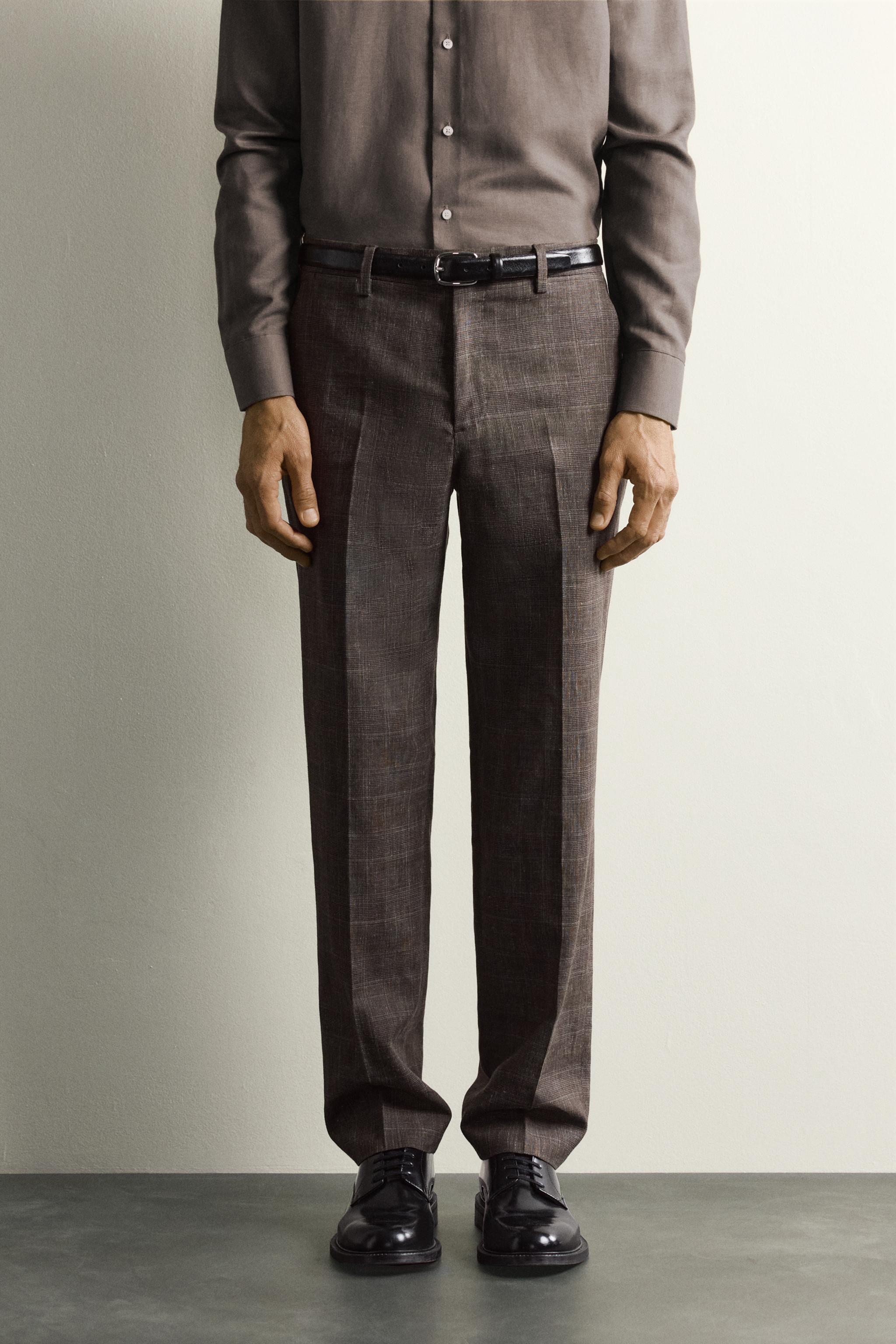 LINEN AND WOOL CHECK SUIT PANTS