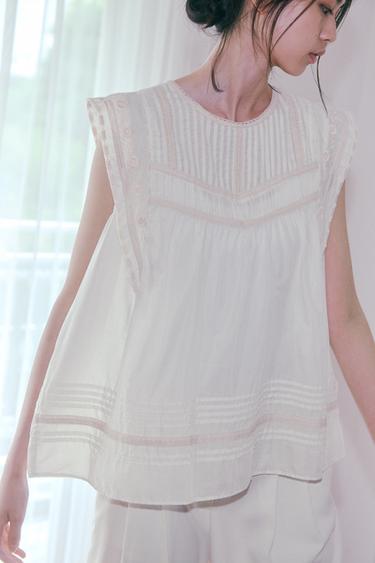 ZW 컬렉션 자수 블라우스 - Zara 크림