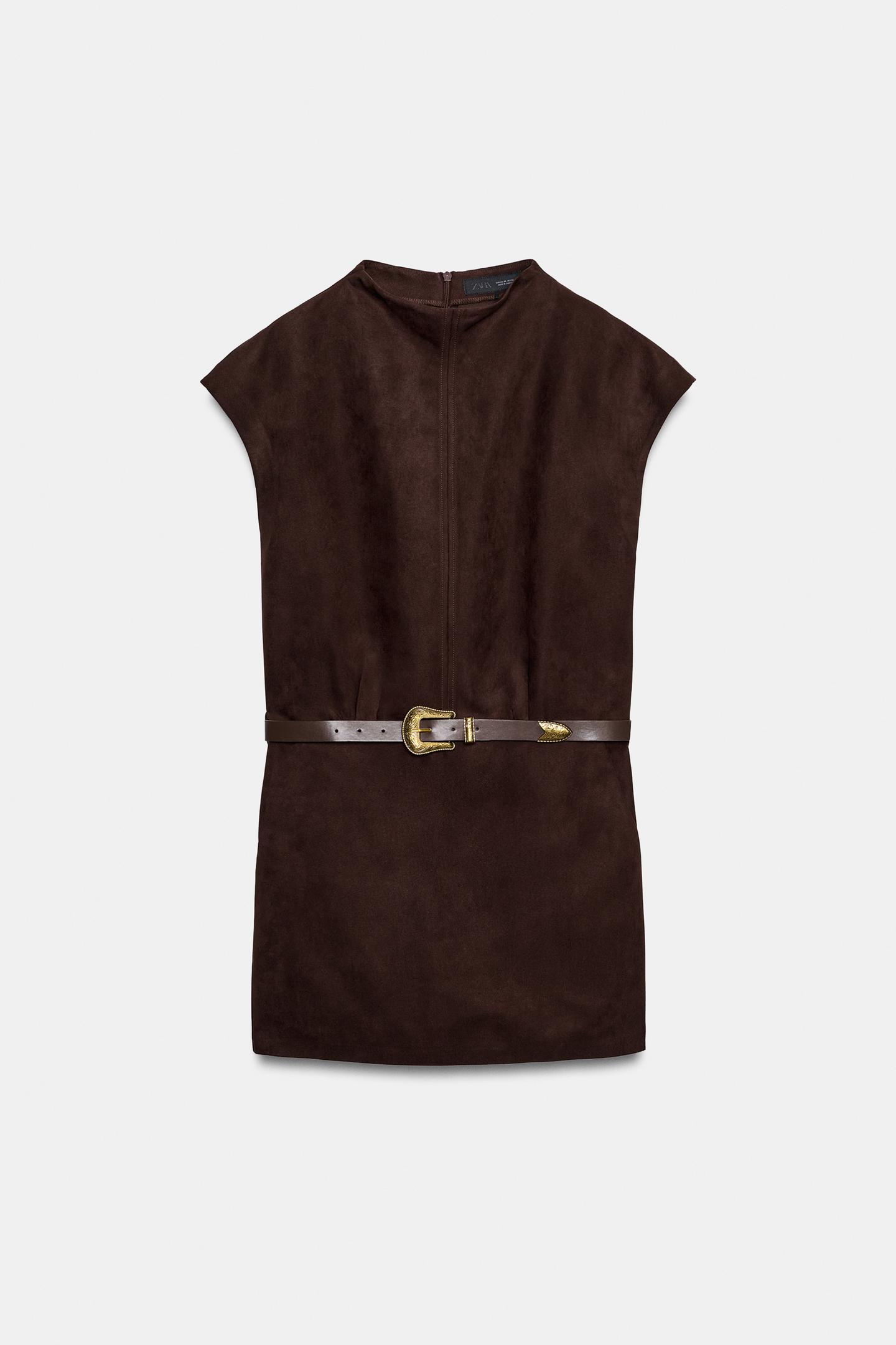 Женское платье Zara Belted Suede-Effect Mini, цвет: Тёмный коричневый — фото 6