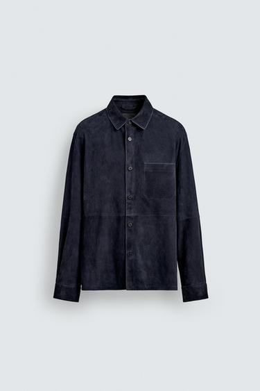 SUEDE LEATHER OVERSHIRT - Navy blue by Zara