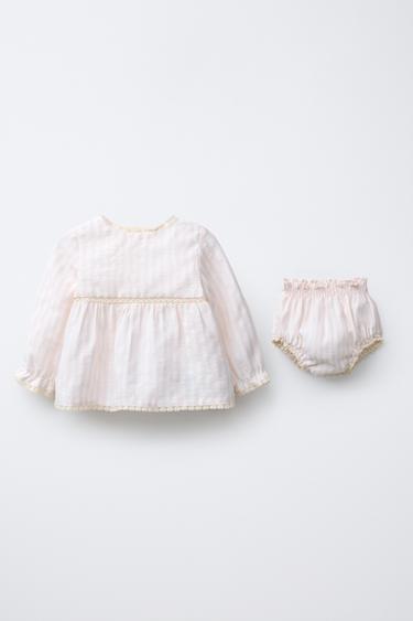 Zara SEERSUCKER STRIPED LACE SHIRT AND SHORTS SET - Pale pink