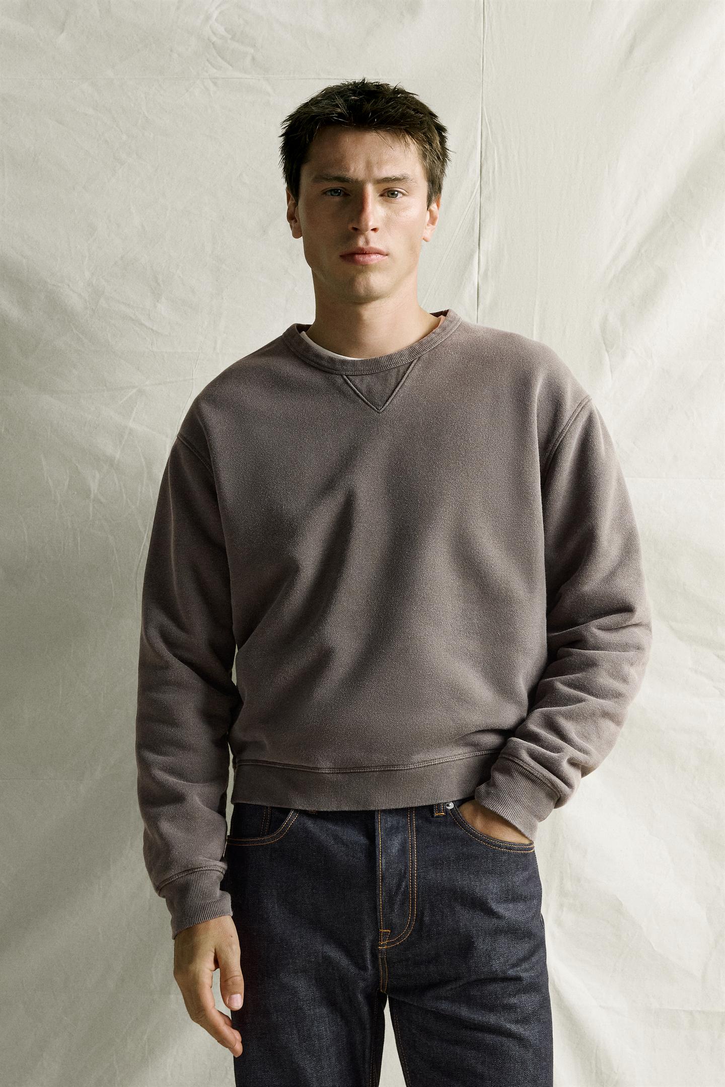 Мужская толстовка Zara Regular Fit Crewneck, цвет: Чёрный / Коричневый — фото 2