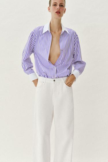 CHEMISE EN POPELINE À RAYURES - Lilas / Blanc de Zara - Image 1