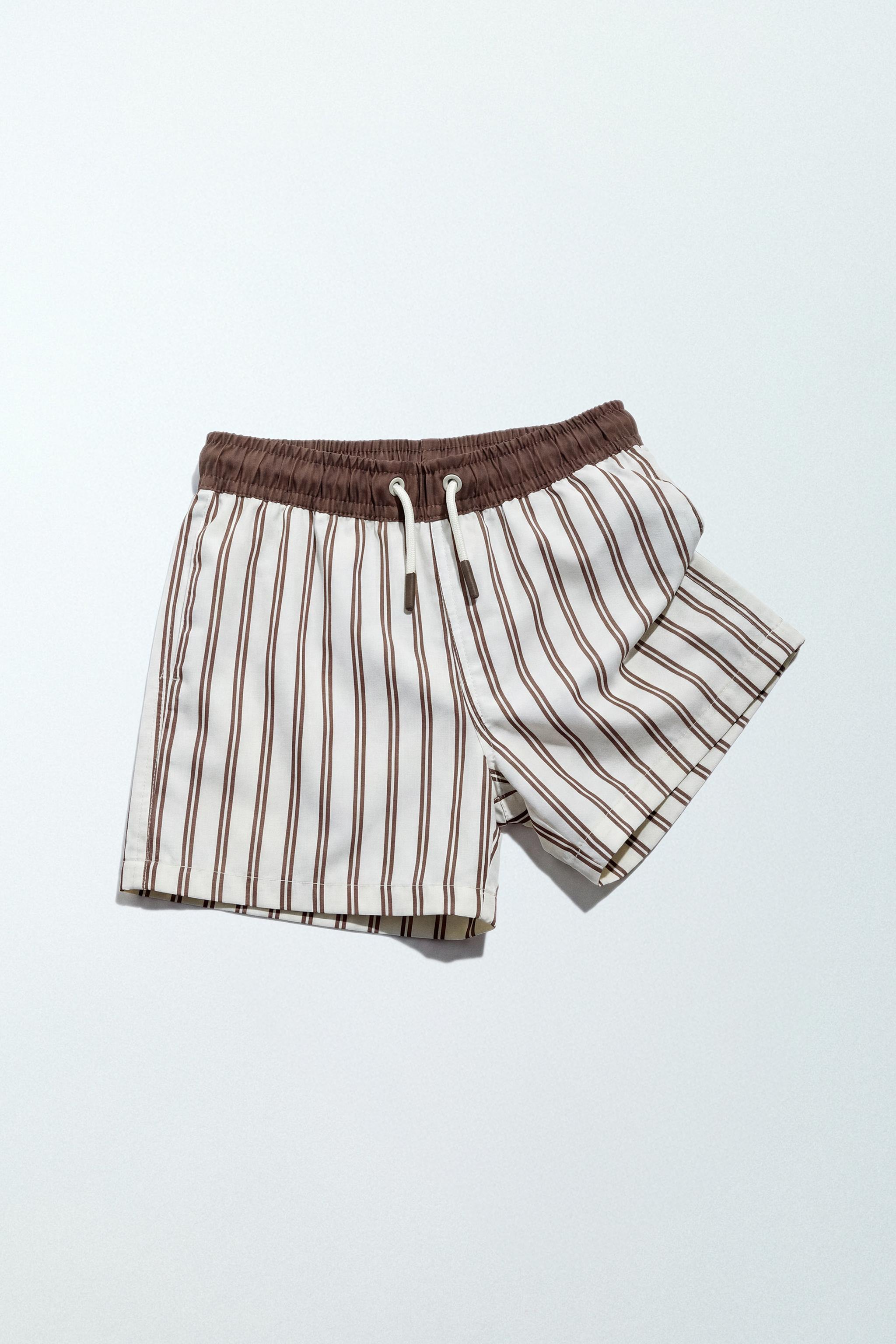 1-6 YEARS/ STRIPED SWIM SHORTS — Brown / Ecru