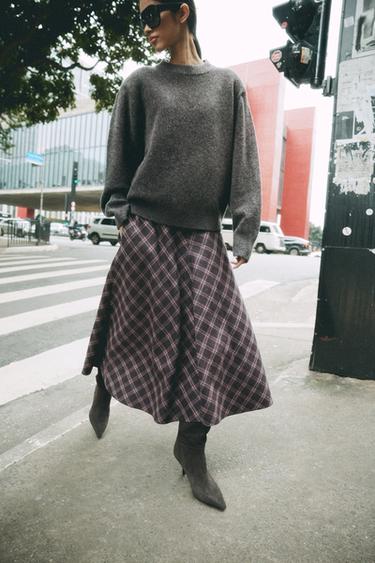 Zara ZW COLLECTION CHECKED MIDI SKIRT - Gray