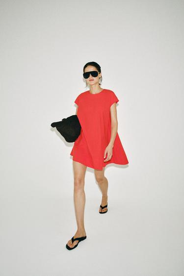 Zara ZW COLLECTION 府綢短版洋裝 - 紅色