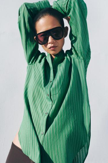 პერანგი ზოლიანი მკერდის ჯიბით ZW COLLECTION - Zara-ს Green - სურათი 0