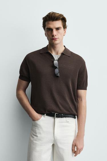 LINEN BLEND KNIT POLO SHIRT - Chocolate by Zara