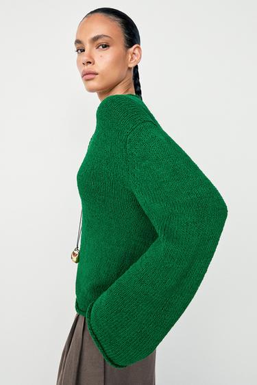Pull en maille de coton - Vert de Zara