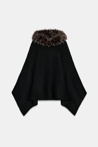 Zara FAUX FUR KNIT CAPE - Black